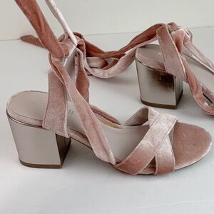 Kenneth Cole Reaction, velvet ankle tie sandals with silver mirrored block heels